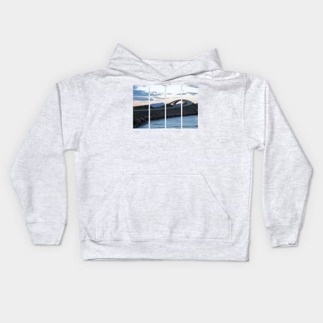 Wonderful landscapes in Norway. Vestland. Beautiful scenery of famous bridges on the Atlantic Road scenic route. Calm sea at the sunset in a cloudy day. Sunrays through clouds. Kids Hoodie by fabbroni-art
